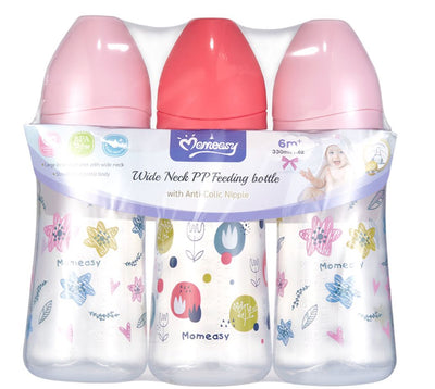 Lot de 3 biberons MomEasy col large – Anti-colique (6 mois+) – Rose