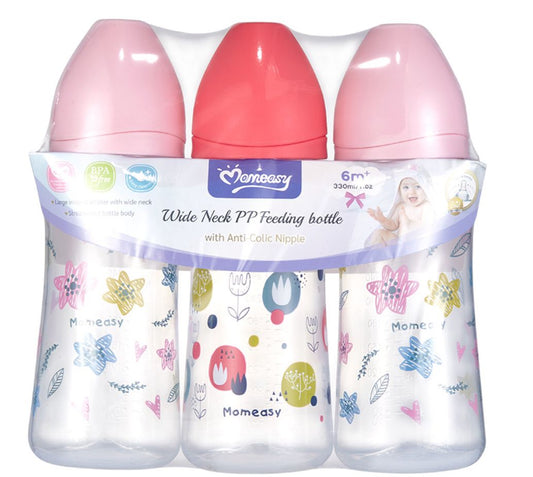 Lot de 3 biberons MomEasy col large – Anti-colique (6 mois+) – Rose